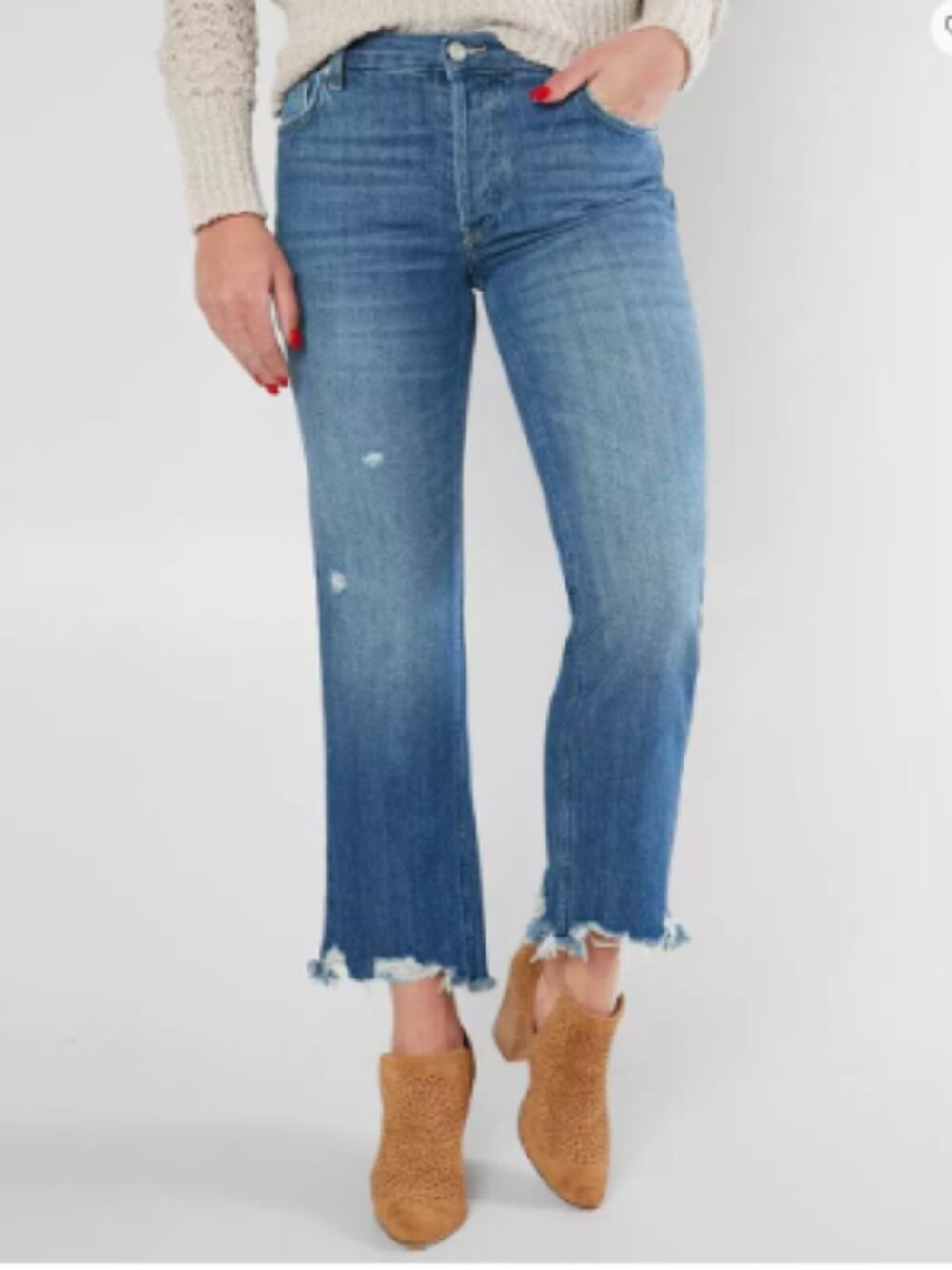 Free People We the Free Maggie Straight Jean Size 28 (6) Sequoia Blue Frayed Hem